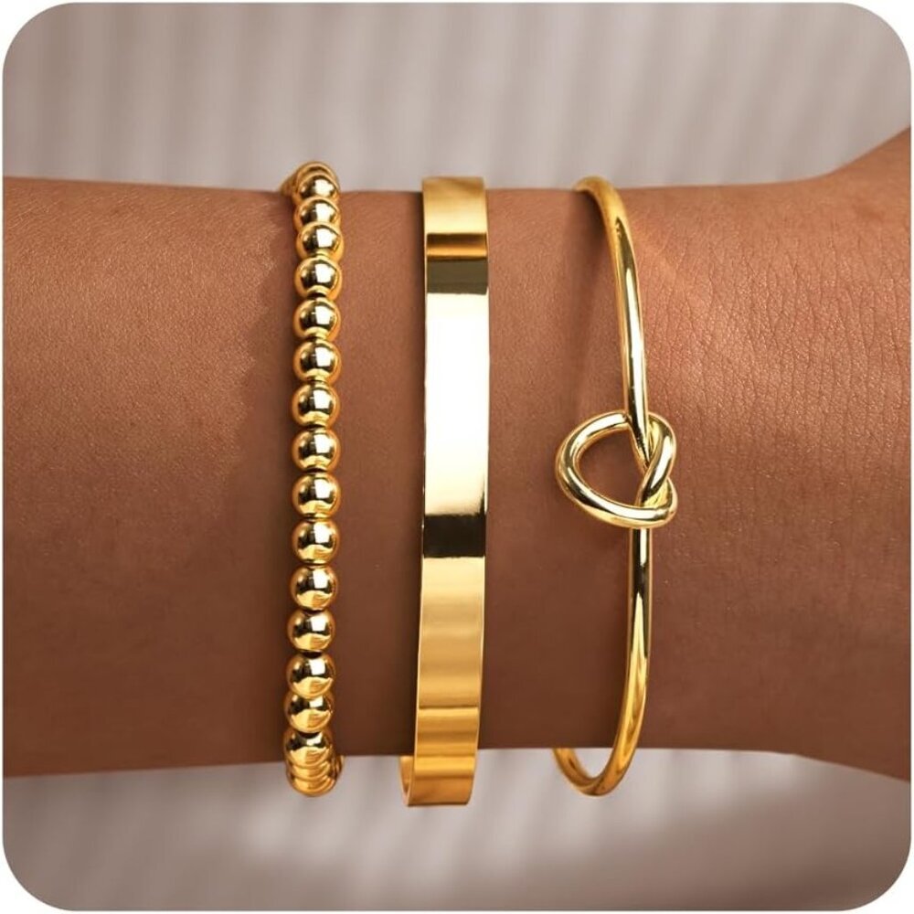 Gold Bracelets for Women Non Tarnish Dainty 14K Gold Plated Bangle Cuff Bracelet